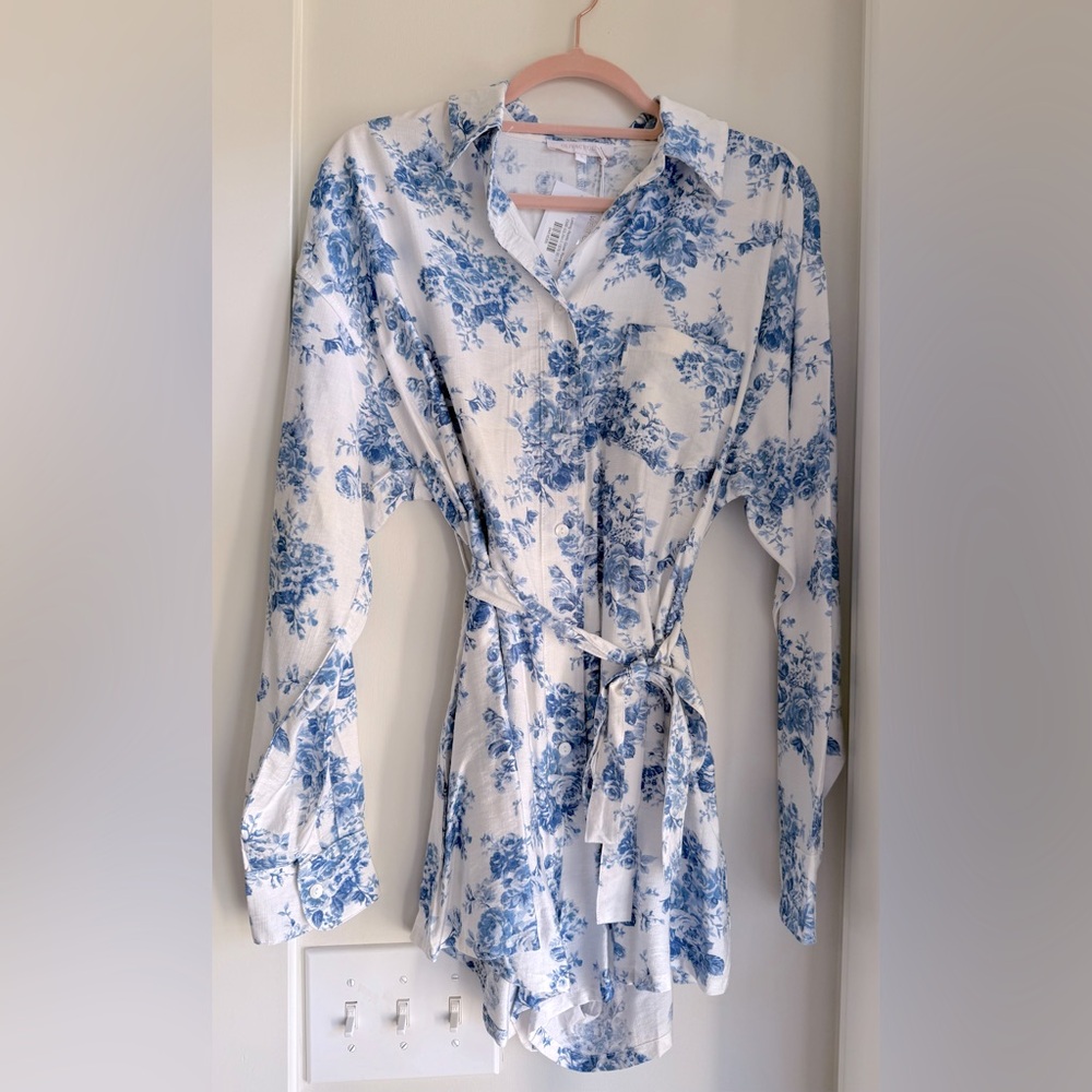 OLIVACEOUS Blue Fleur Toile Belted Long Sleeve Button Front Romper